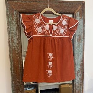 J. Marie Rust Embroidered Blouse with White Floral Design - size S EUC